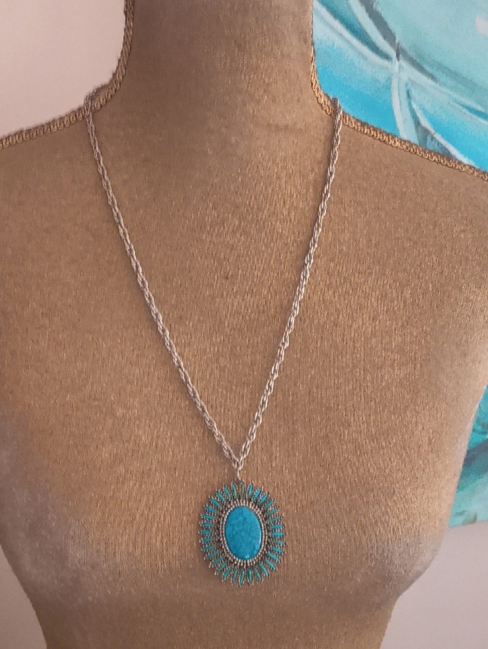 Turquoise Oval Sunburst Pendant Necklace - Women Jewelry